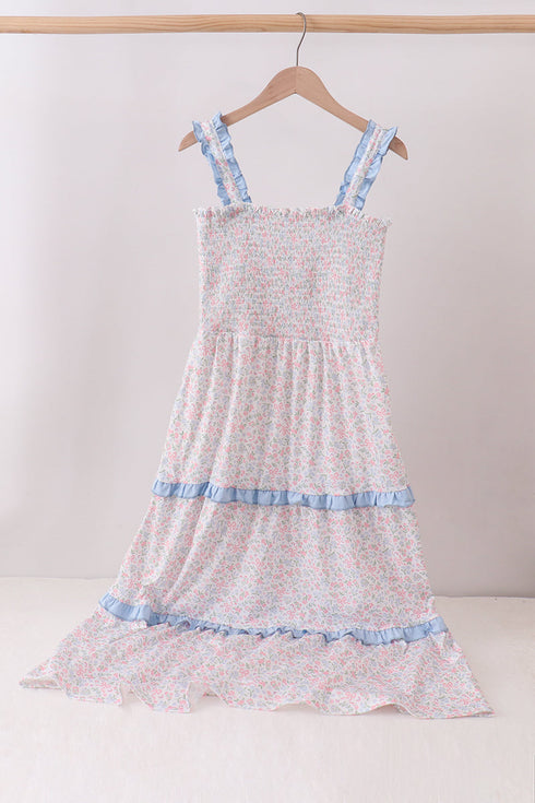 Blue Floral Smocked Mom Tiered Dress