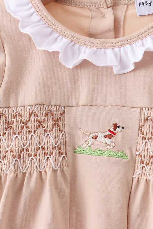 Khaki Puppy Smocked Bloomer Set
