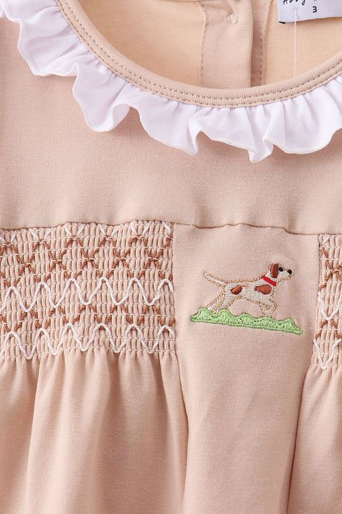 Khaki Puppy Smocked Ruffle Shorts Set