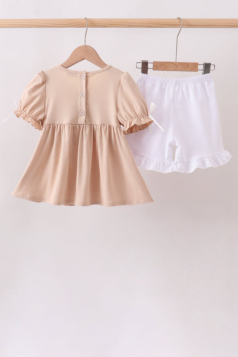 Khaki Puppy Smocked Ruffle Shorts Set