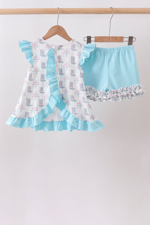 Blue Boots Ruffle Shorts Set
