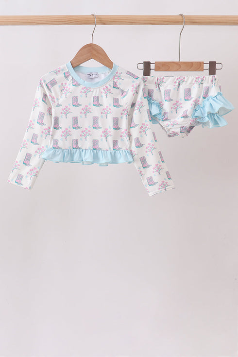 Blue Boots Ruffle Rashguard Set