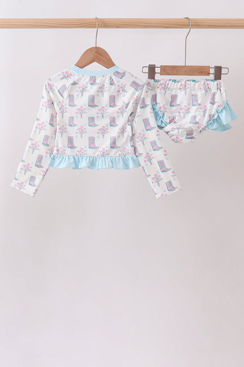 Blue Boots Ruffle Rashguard Set