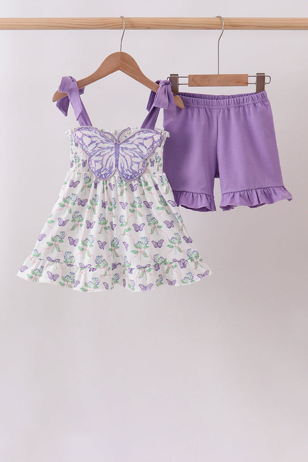 Purple Butterfly Applique Shorts Set
