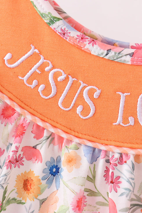 Coral Jesus Loves me Embroidered Floral Ruffle Dress