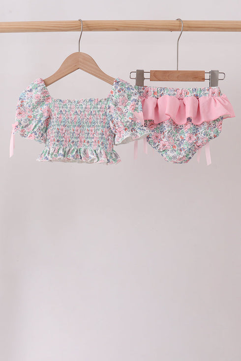 Pink Floral Smocked Swimsuit