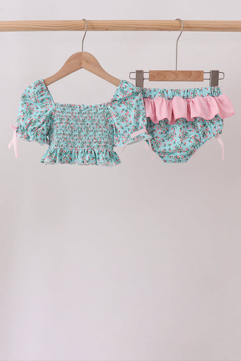 Green Floral Smocked Swimsuit