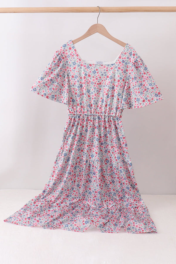 Blue Floral Print Mom Dress