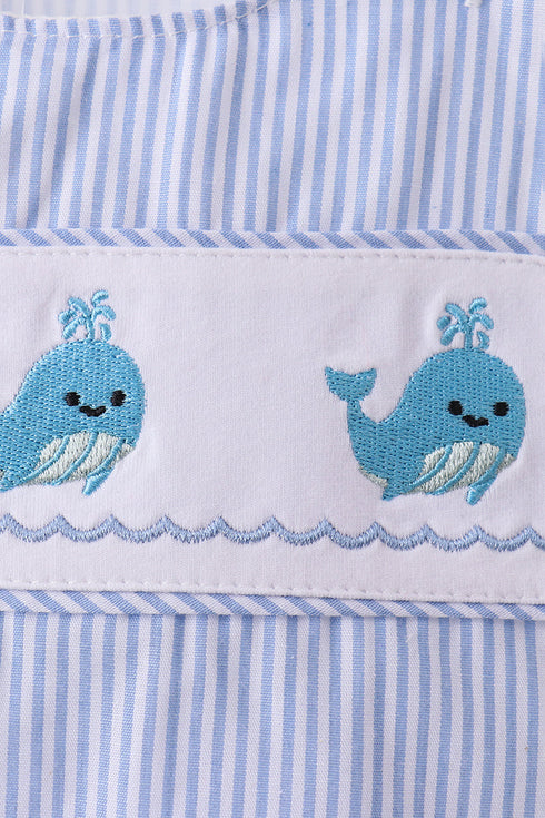 Blue Whale Embroidered Seersucker Jon Jon