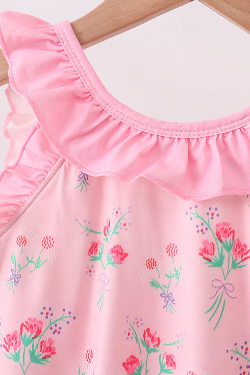 Pink Floral Ruffle One-Piece Swimsuit