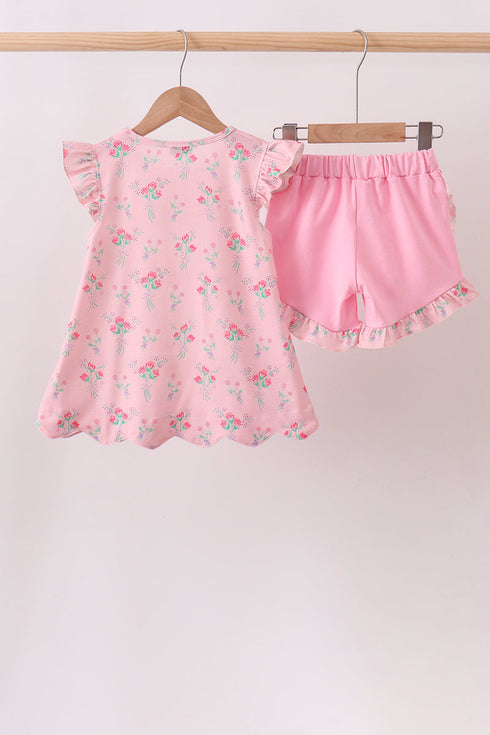 Pink Floral Ruffle Shorts Set