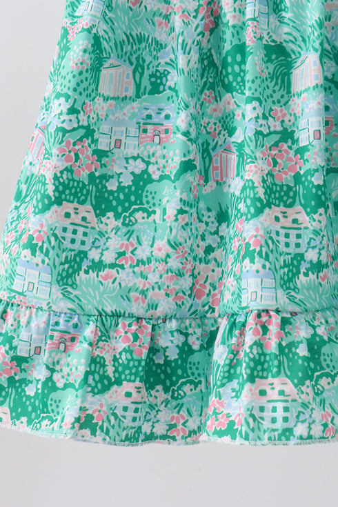 Green house floral Ruffle Shorts Set