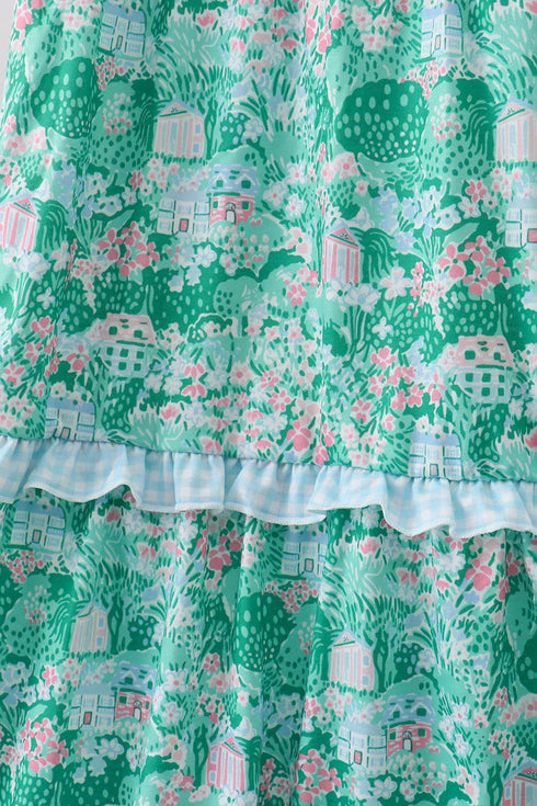 Green house floral Smocked Tiered Mom Dress