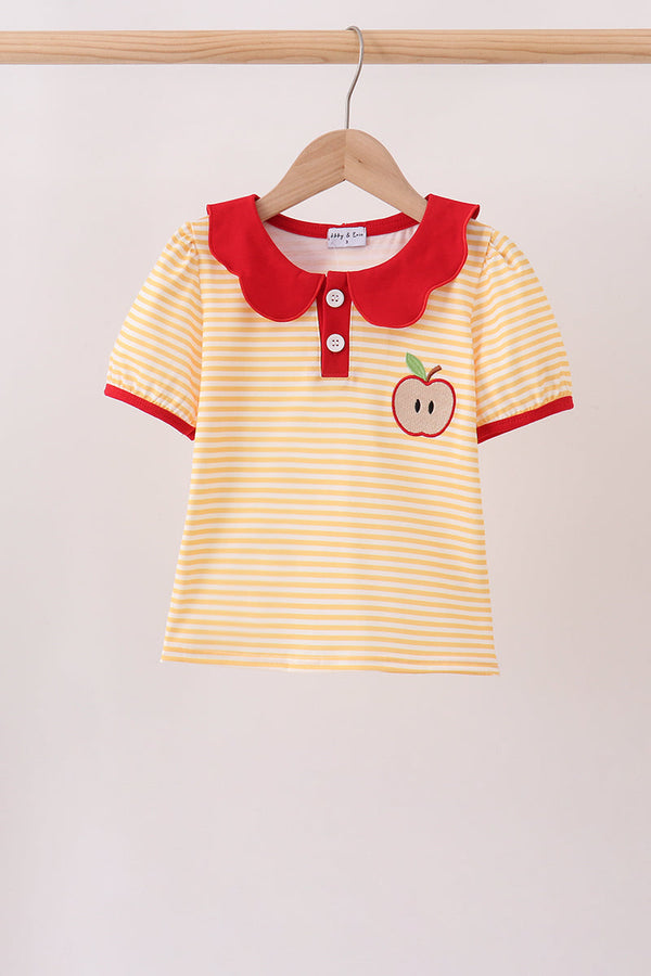 Mustard Stripe Apple Embroidered Top