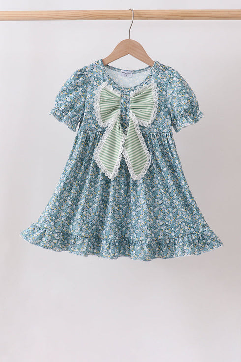 Teal Floral Lace Bow Dress