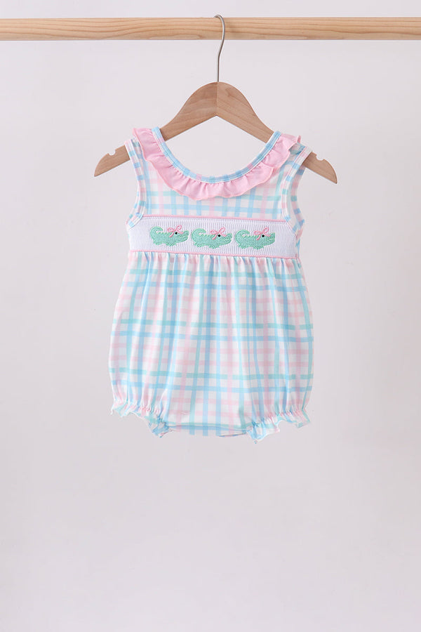 Pink Crocodile Smocked Gingham Bubble