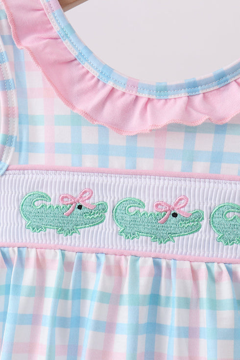 Pink Crocodile Smocked Gingham Bubble