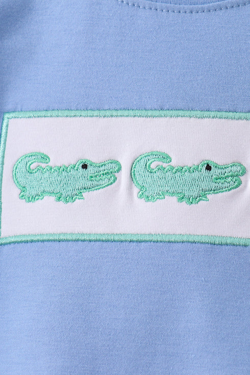 Blue Crocodile Embroidered Shorts Set