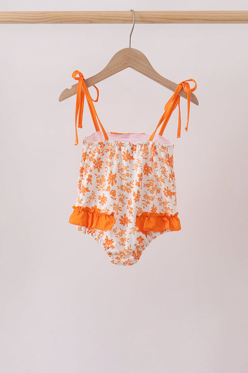Orange Floral Print Ruffle Swimsuit