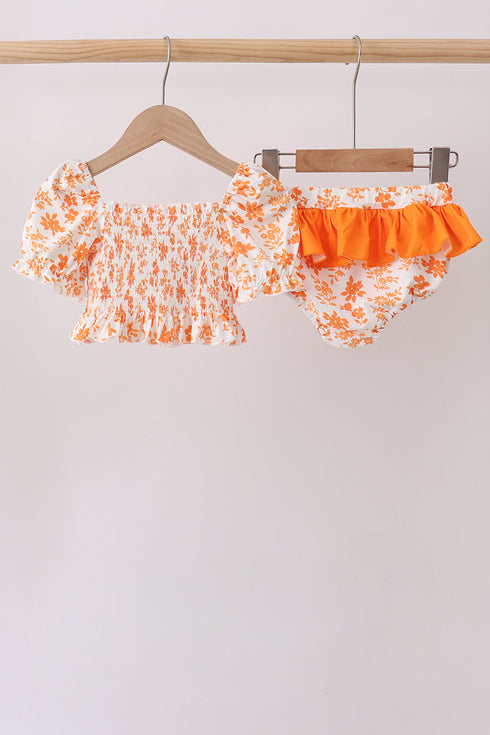 Orange Floral Smocked 2PC Ruffle Swimsuit