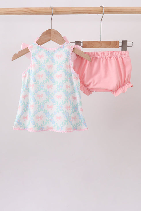 Pink Floral Bow Print Bloomer Set