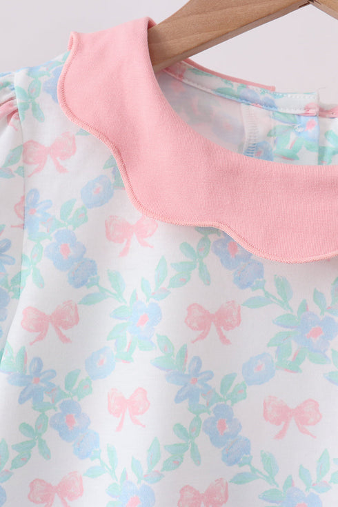 Pink Floral Bow Print Scalloped Shorts Set