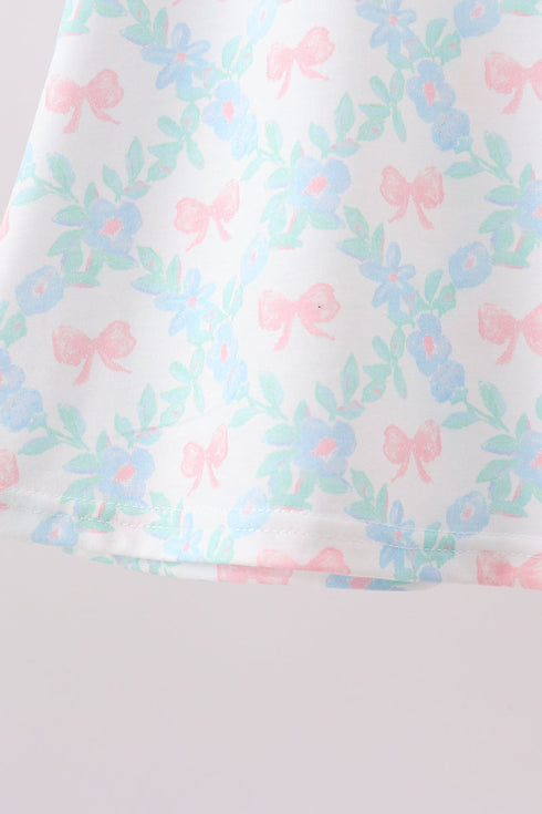 Pink Floral Bow Print Scalloped Shorts Set