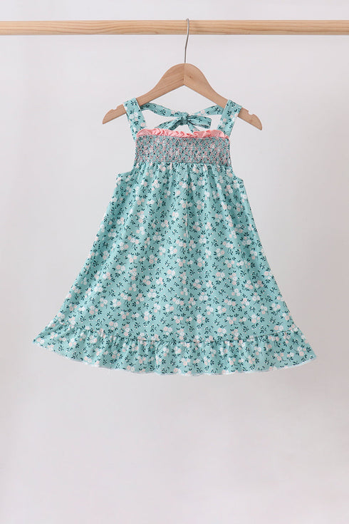 Green Floral Smocked Ruffle Dress