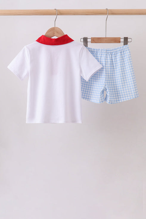 Blue Puppy Embroidered Boys Shorts Set