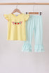 Yellow Apple Crayon Embroidered Ruffle Pants Set