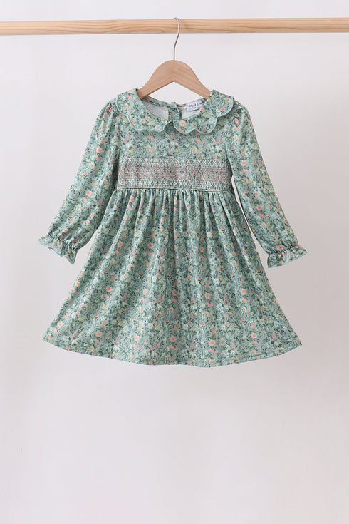 Green Floral Smocked Dress