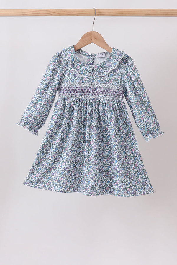 Blue Floral Smocked Dress