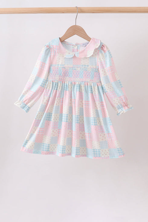 Checkered Floral Smocked Dress