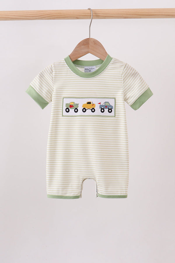 Monster truck embroidery stripe romper