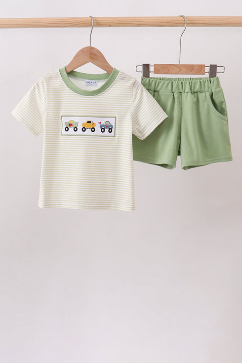 Monster truck embroidery stripe shorts set