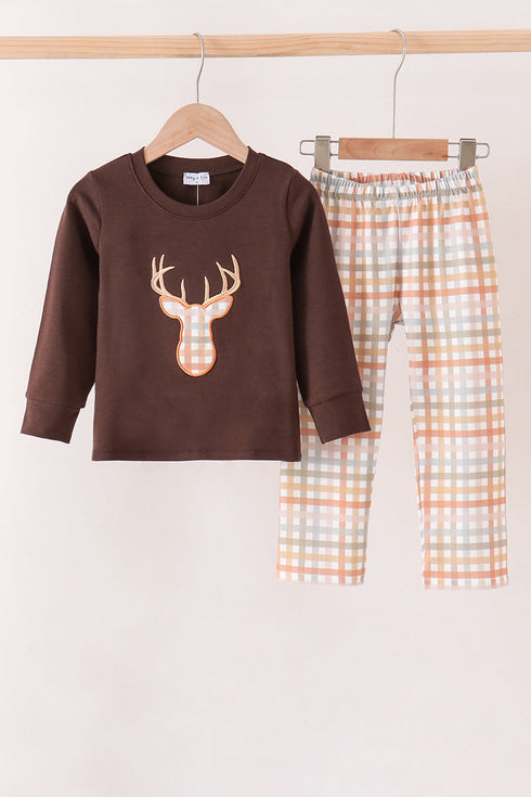 brown-deer-applique-plaid-pants-set-sophias-styleSet-1
