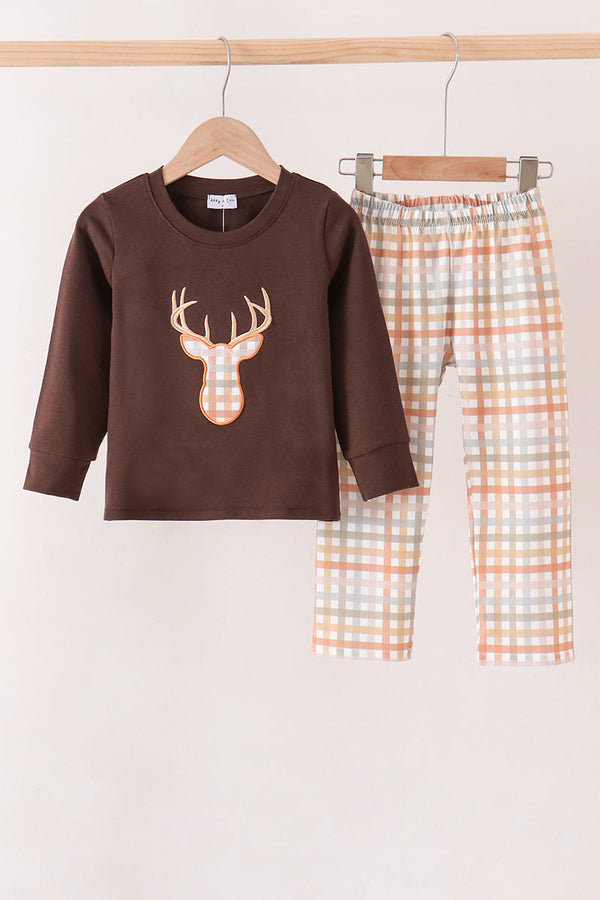 brown-deer-applique-plaid-pants-set-sophias-styleSet-1