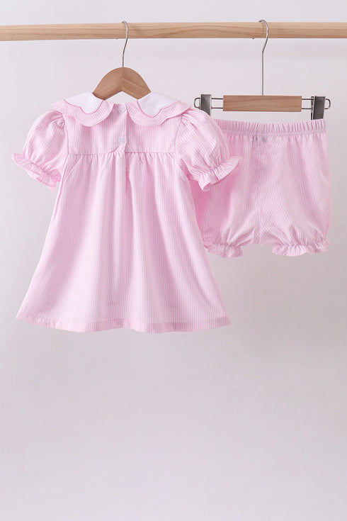 Pink stripe bunny bow embroidery bloomer set