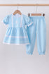 Blue cross embroidery lace pants set