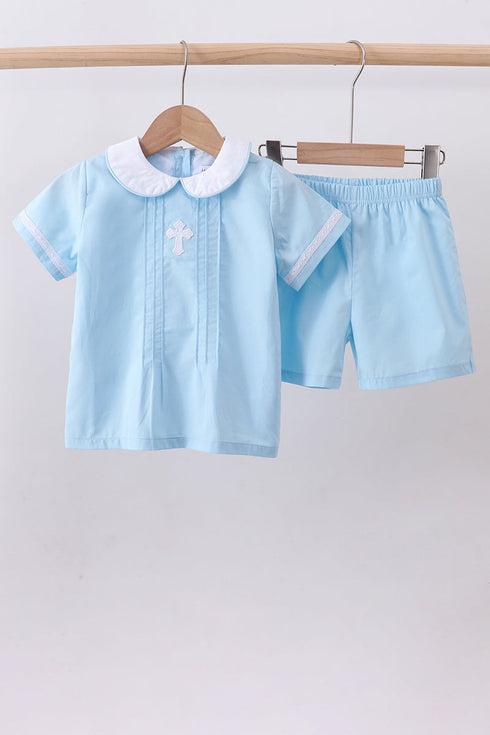 Blue cross embroidery shorts set
