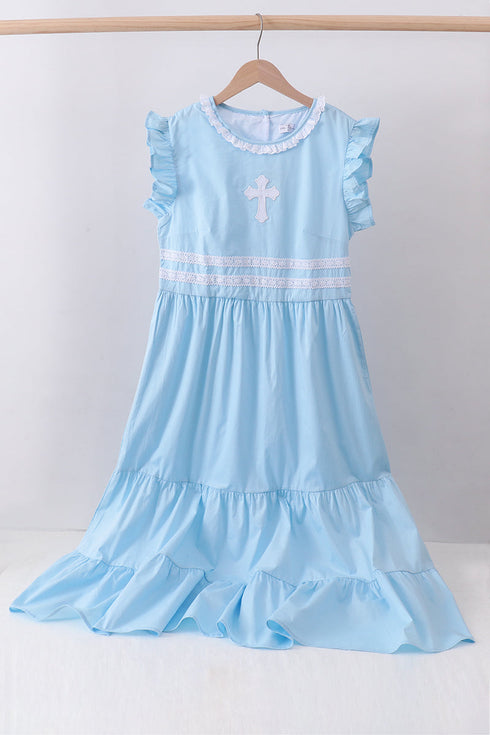 Blue cross embroidery ruffle tiered dress