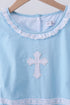 Blue cross embroidery ruffle tiered dress