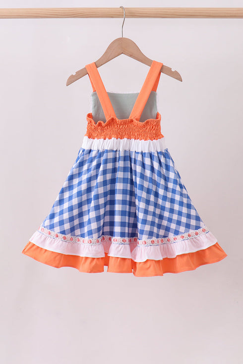 Sage strawberry embroidery ruffle gingham dress