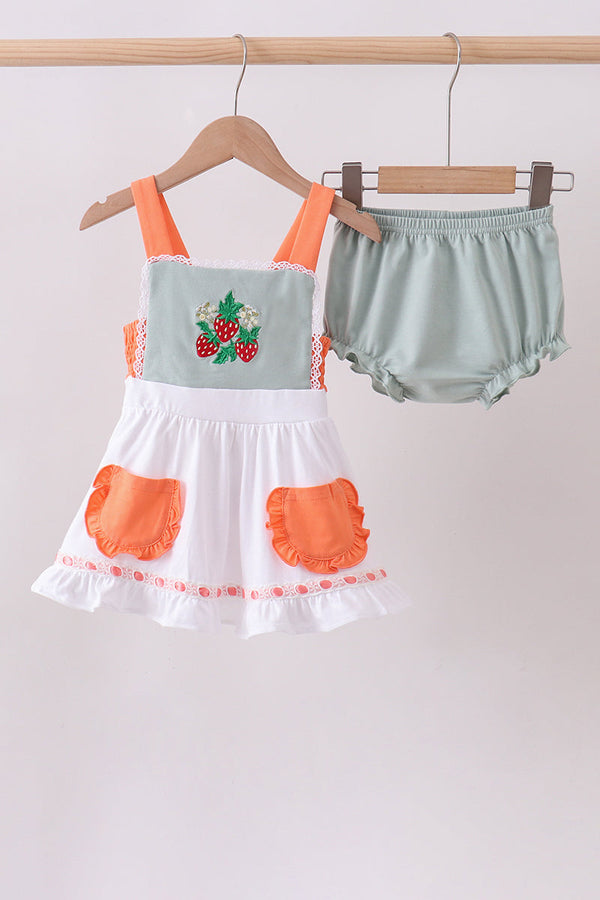 Sage strawberry embroidery ruffle bloomer set