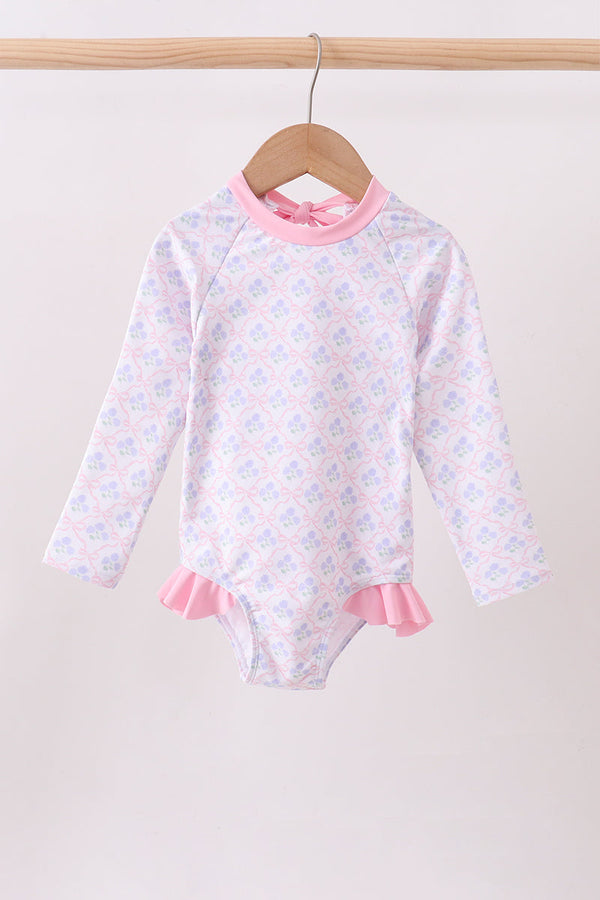 Pink floral print ruffle rashguard