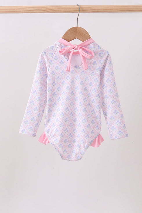 Pink floral print ruffle rashguard