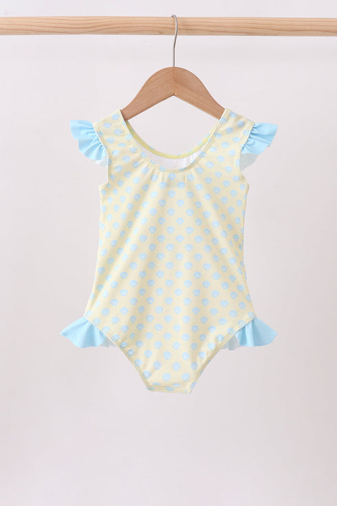 Yellow shell print bow ruffle swimsuit