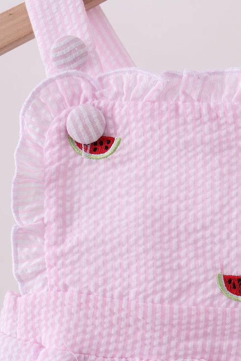 Pink stripe watermelon embroidery seersucker ruffle bubble