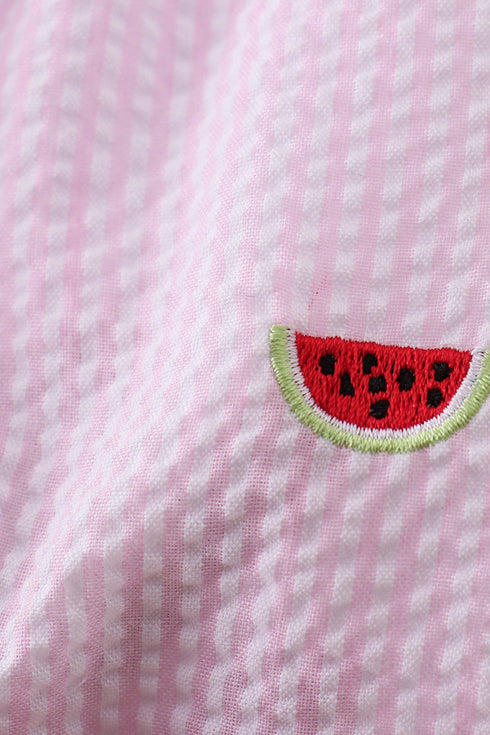 Pink stripe watermelon embroidery seersucker ruffle bubble