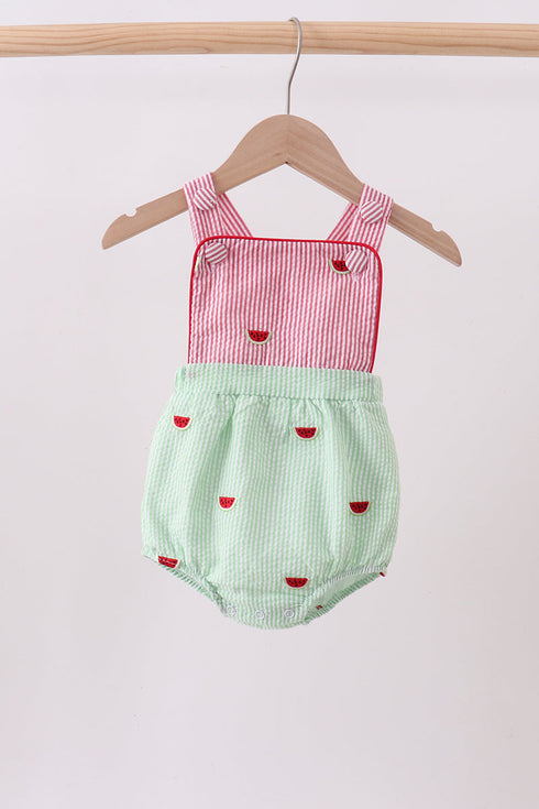 Red stripe watermelon embroidery seersucker bubble